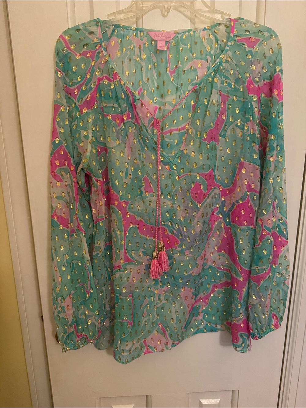 Lilly Pulitzer Turquoise & Pink Tassel V-Neck Blouse with Gold Dots